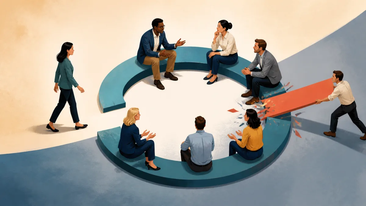 A red diagonal path bursts abruptly into a circular discussion arrangement