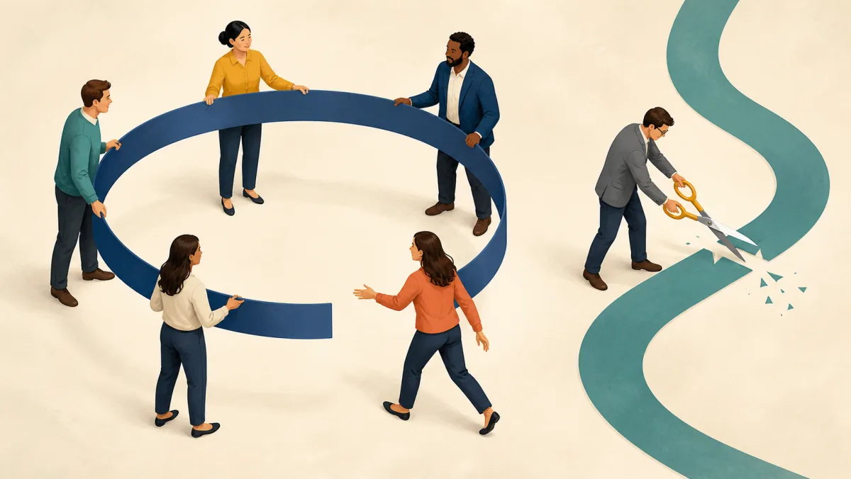 Colleagues hold an open circular ribbon while another professional cuts through a separate flowing ribbon