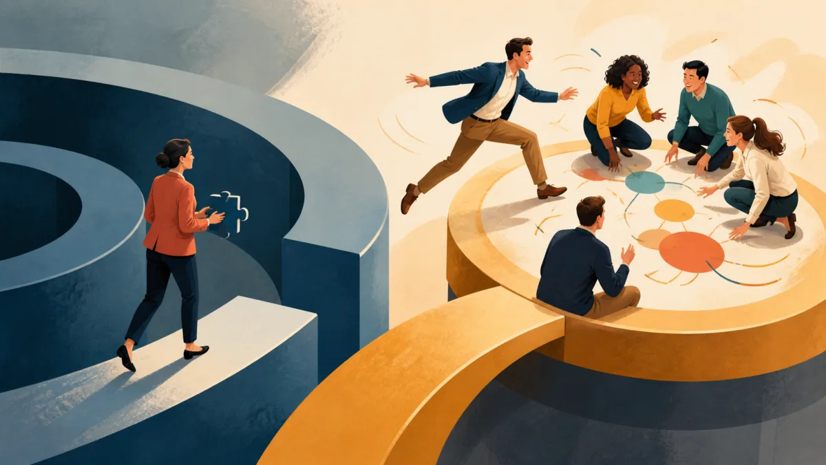 A professional steps gently toward an open circle while another leaps energetically into a brainstorm