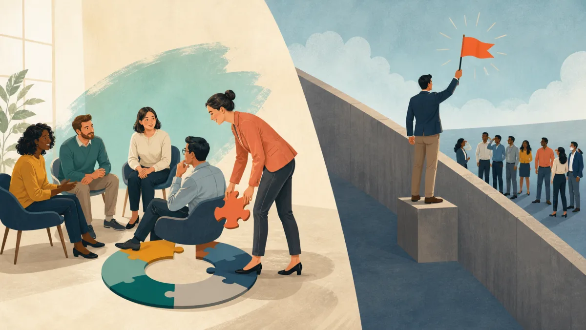 A professional joins a discussion with a puzzle piece while another raises a bright flag beyond a barrier