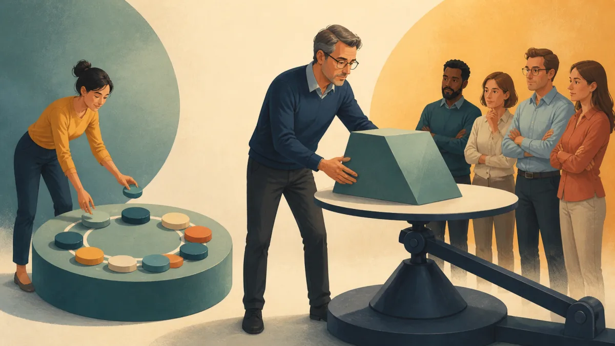 A small token is added to a circle while an expert balances a large block before colleagues