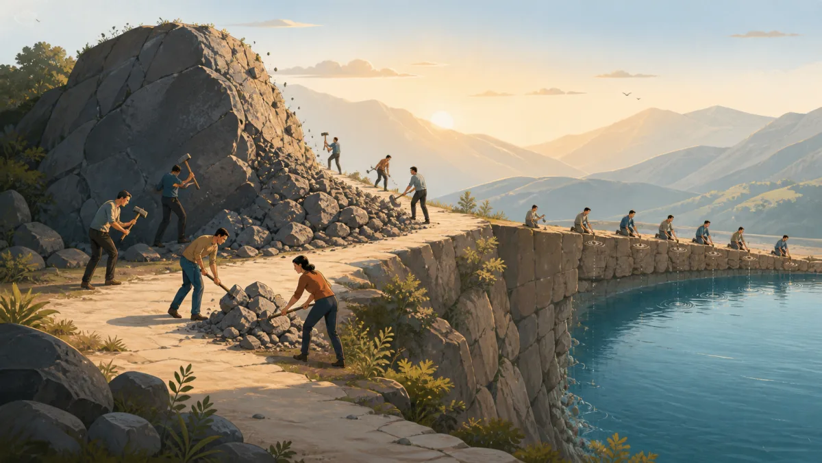 Teams repeatedly clear a rocky path and gradually wear down the edge of a reservoir