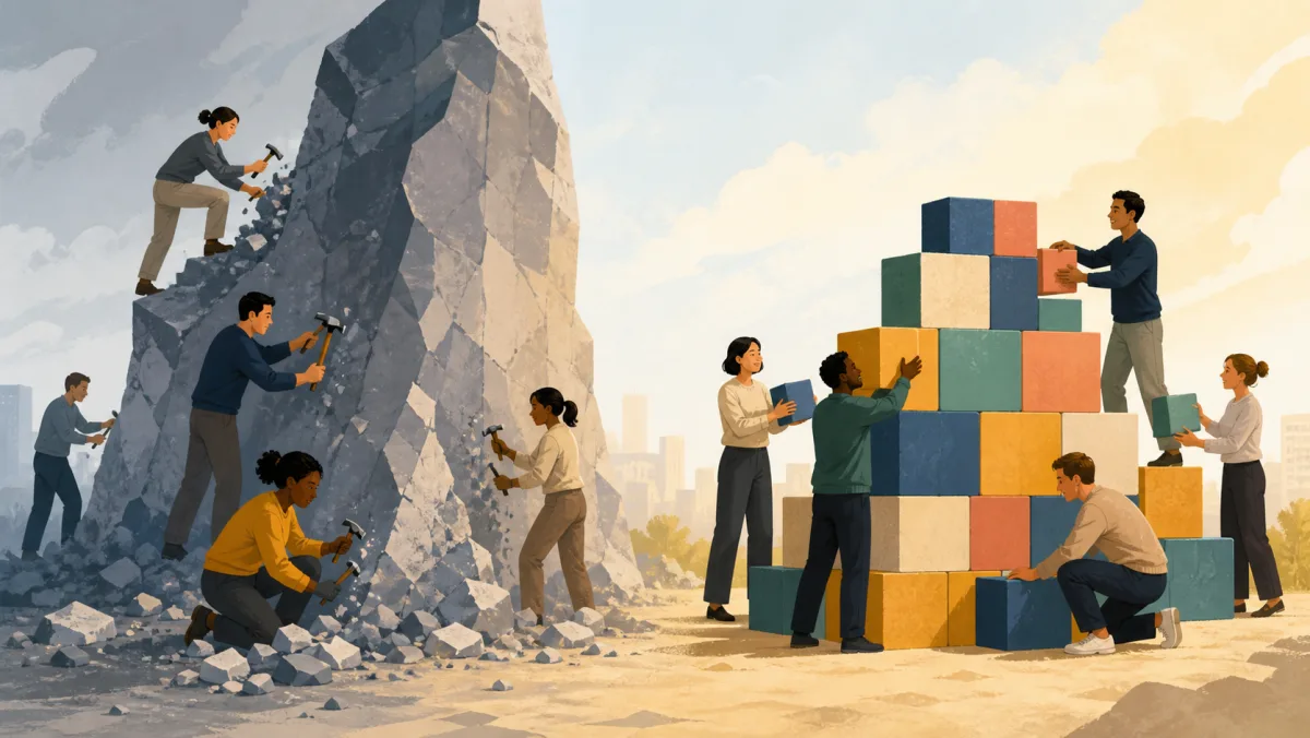 One team chips pieces from a rock while another builds a shared structure from blocks