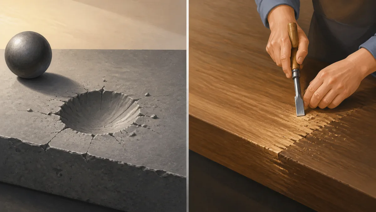 A single deep impact in stone contrasts with many small chips carved from a wooden edge