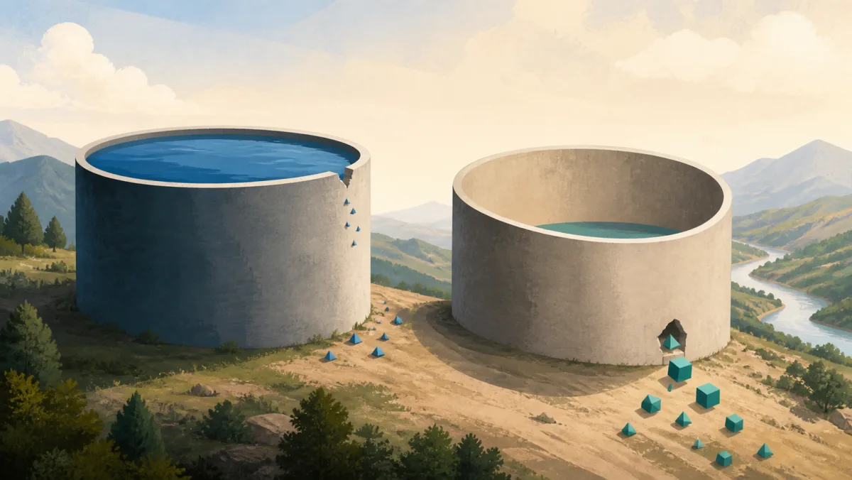 A mostly full reservoir loses tiny pieces while a nearly empty reservoir releases its remaining blocks