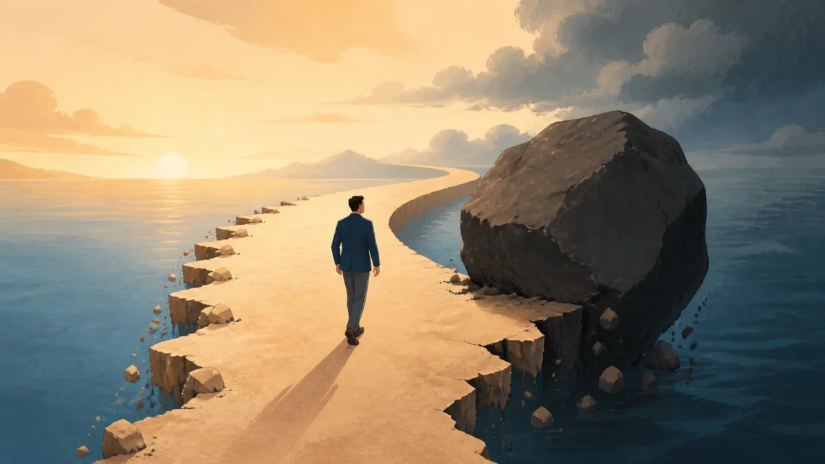 A long path loses small pieces gradually while one massive boulder consumes a large section