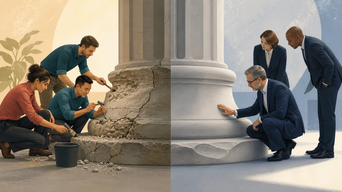 An informal team repairs a worn column while a formal group examines its restored counterpart