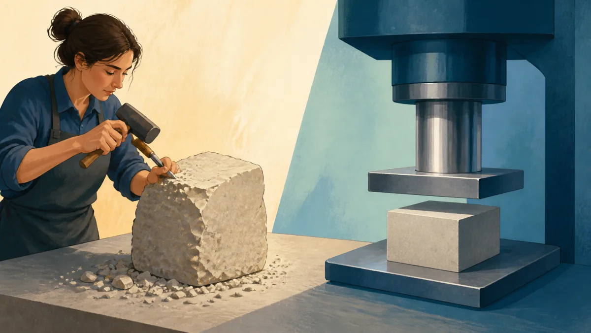 A craftsperson chips a rough block while a mechanical press precisely resizes another