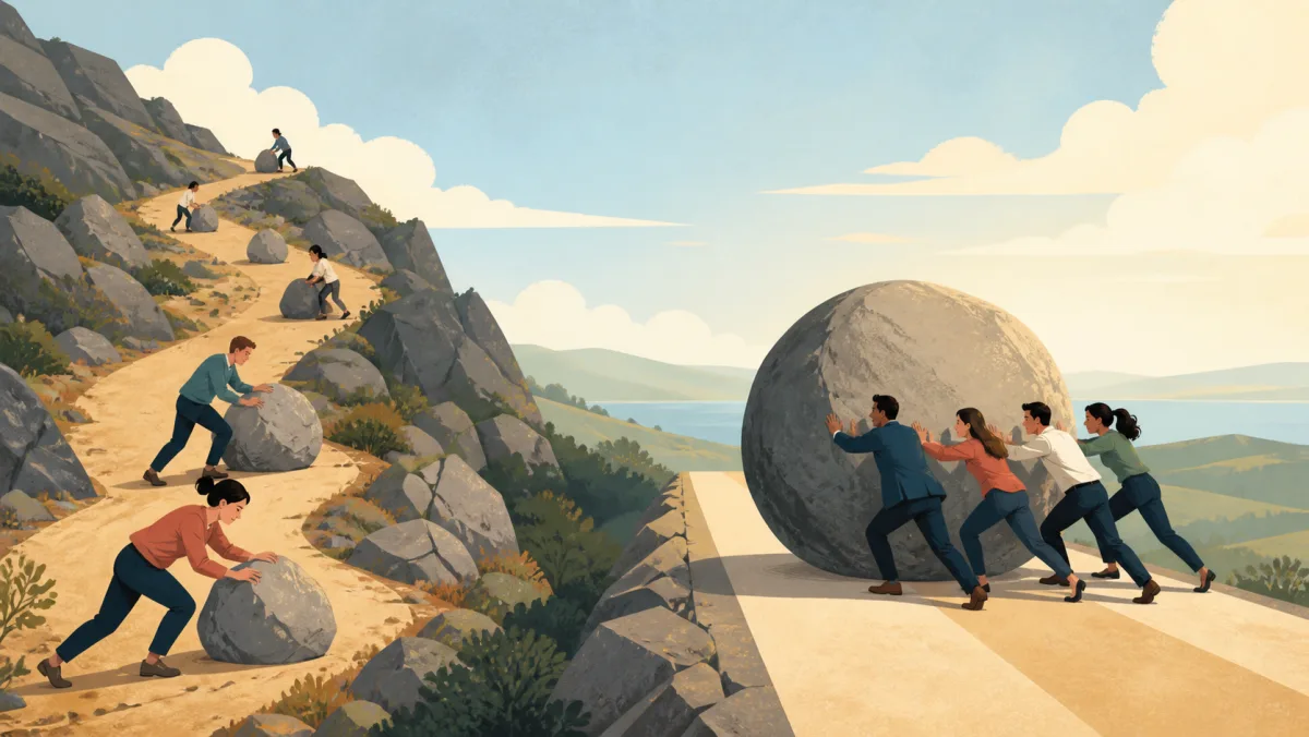 Individuals steadily move separate rocks uphill while a team makes one concentrated push against a boulder