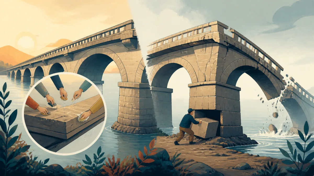 Workers gradually wear a bridge surface while another person removes a hidden foundation block