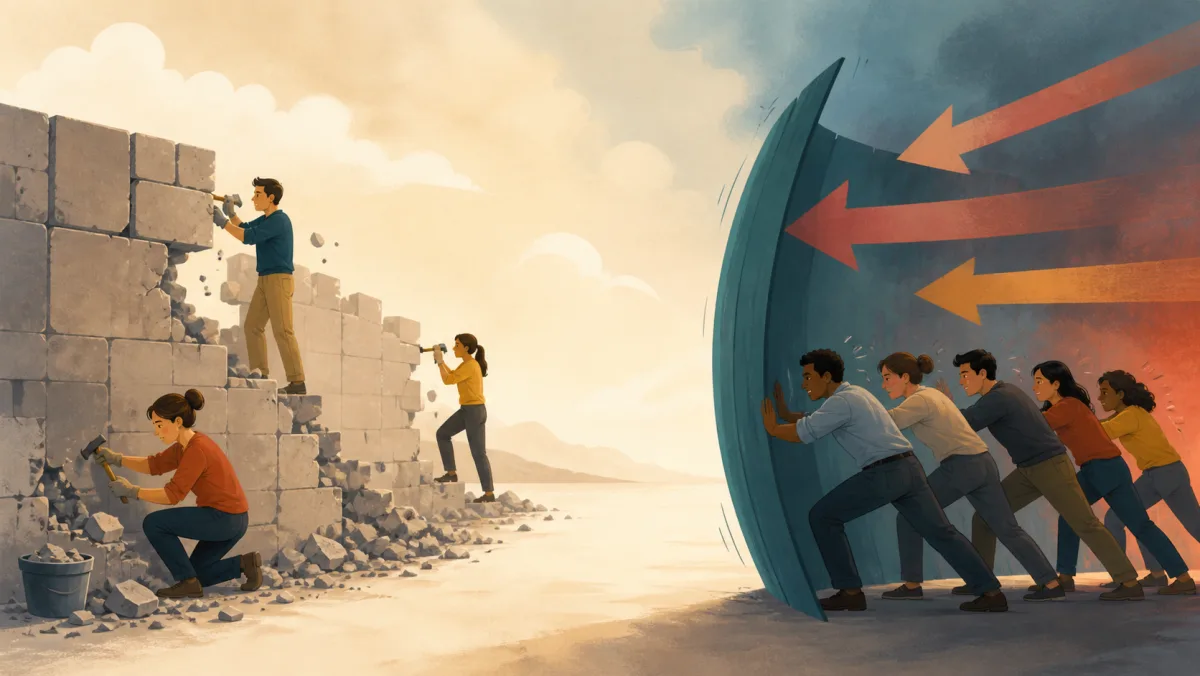 Workers chip a wall while a team strains against sustained pressure on a flexible barrier