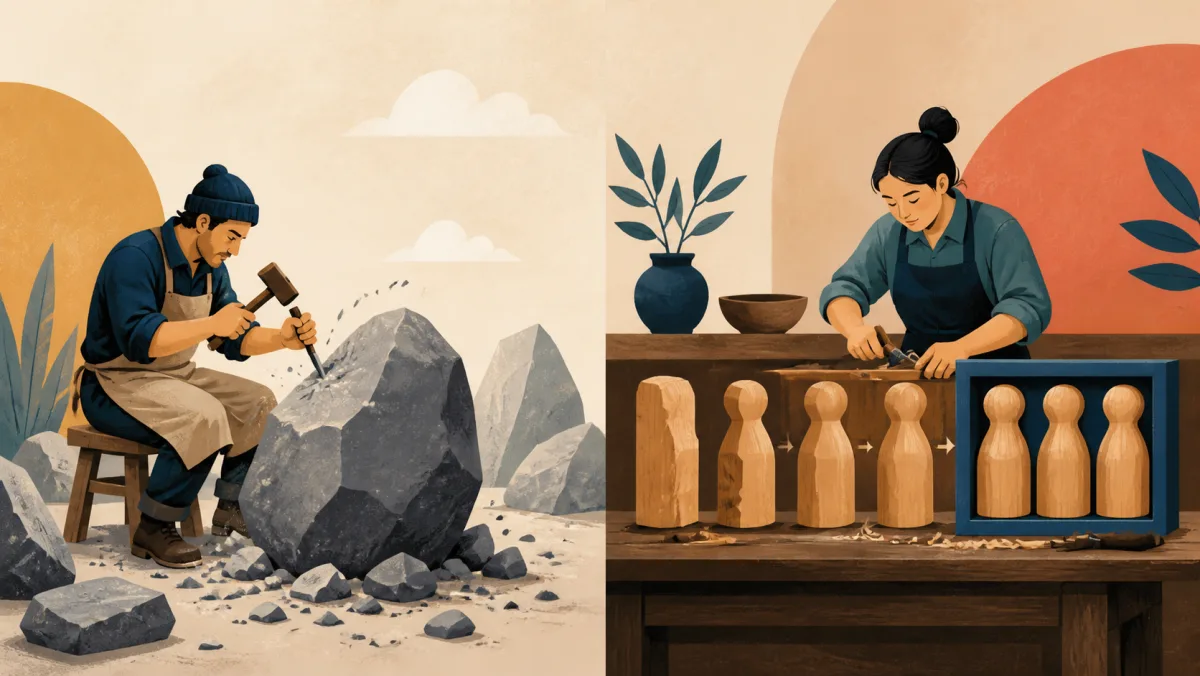 One worker chips an open-ended stone while another pares wooden forms to fit a fixed frame