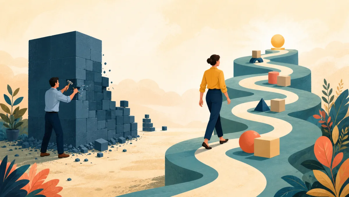 One professional shrinks a block wall while another follows a winding path through intact tasks