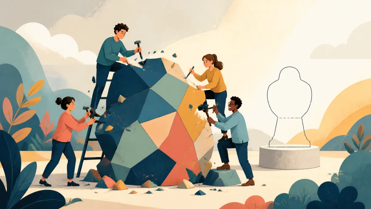 A supportive team chips a shared abstract obstacle beside an empty outlined pedestal