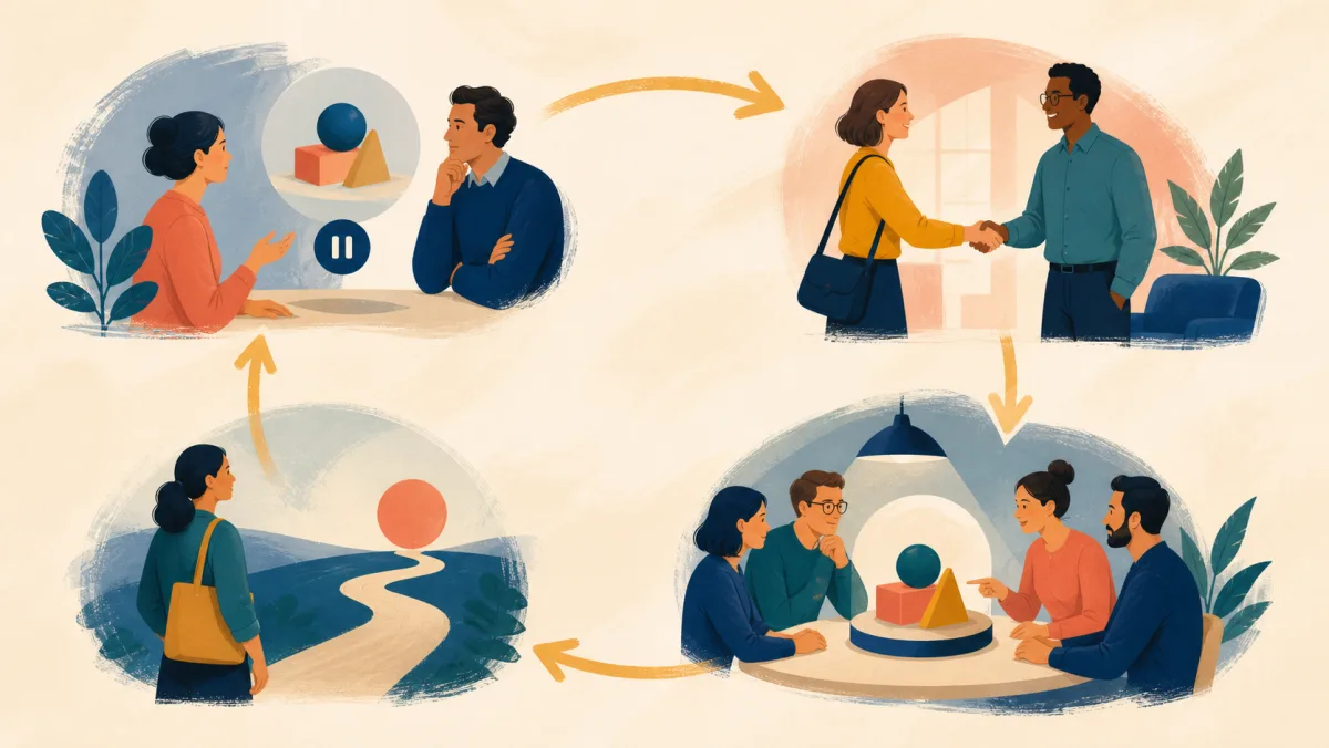 A circular route connects a paused discussion, reconnecting colleagues, a meeting, and a future path