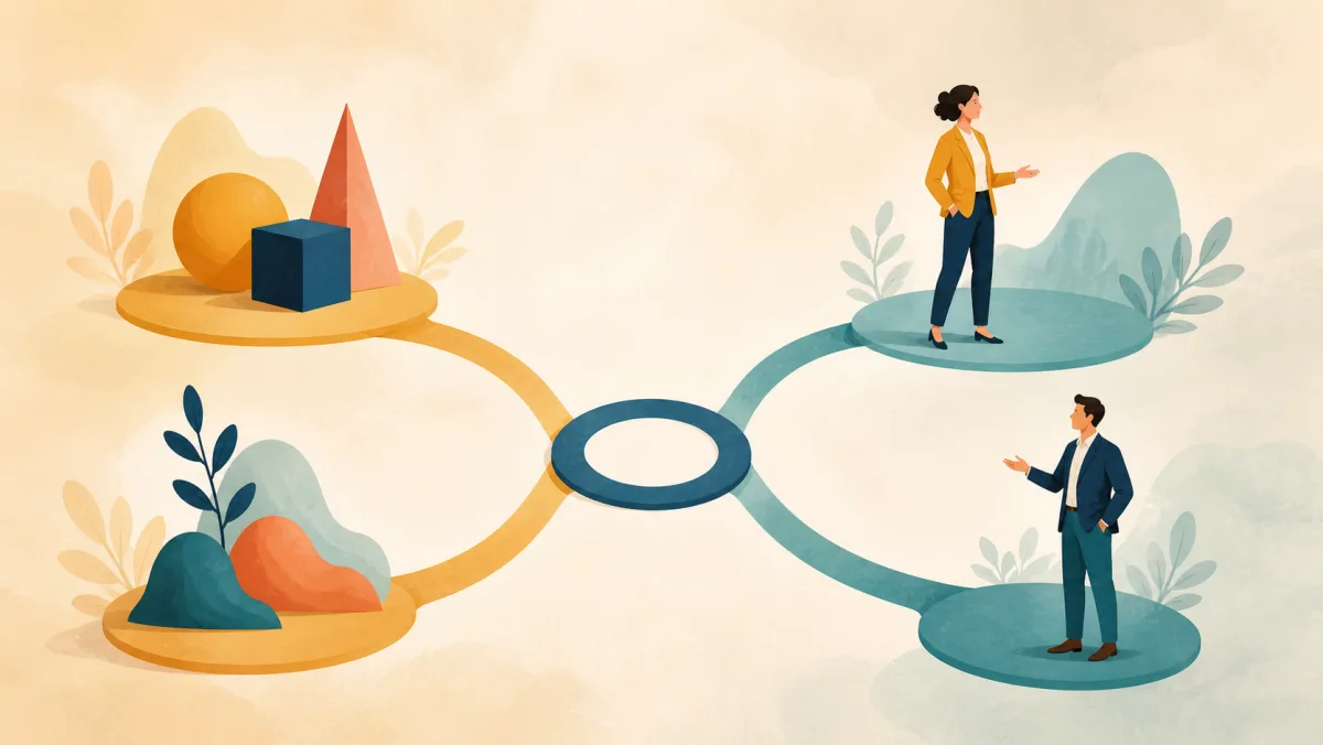 A central loop branches toward two abstract topics and two professional people