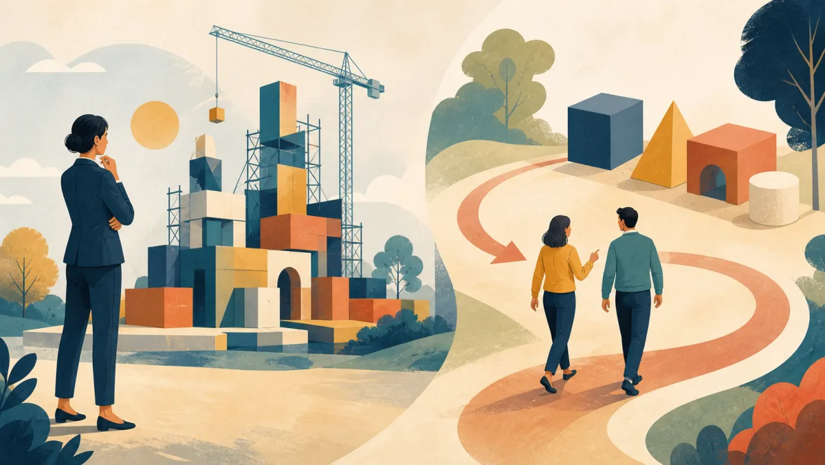 One professional observes a project while two colleagues loop back to an earlier model