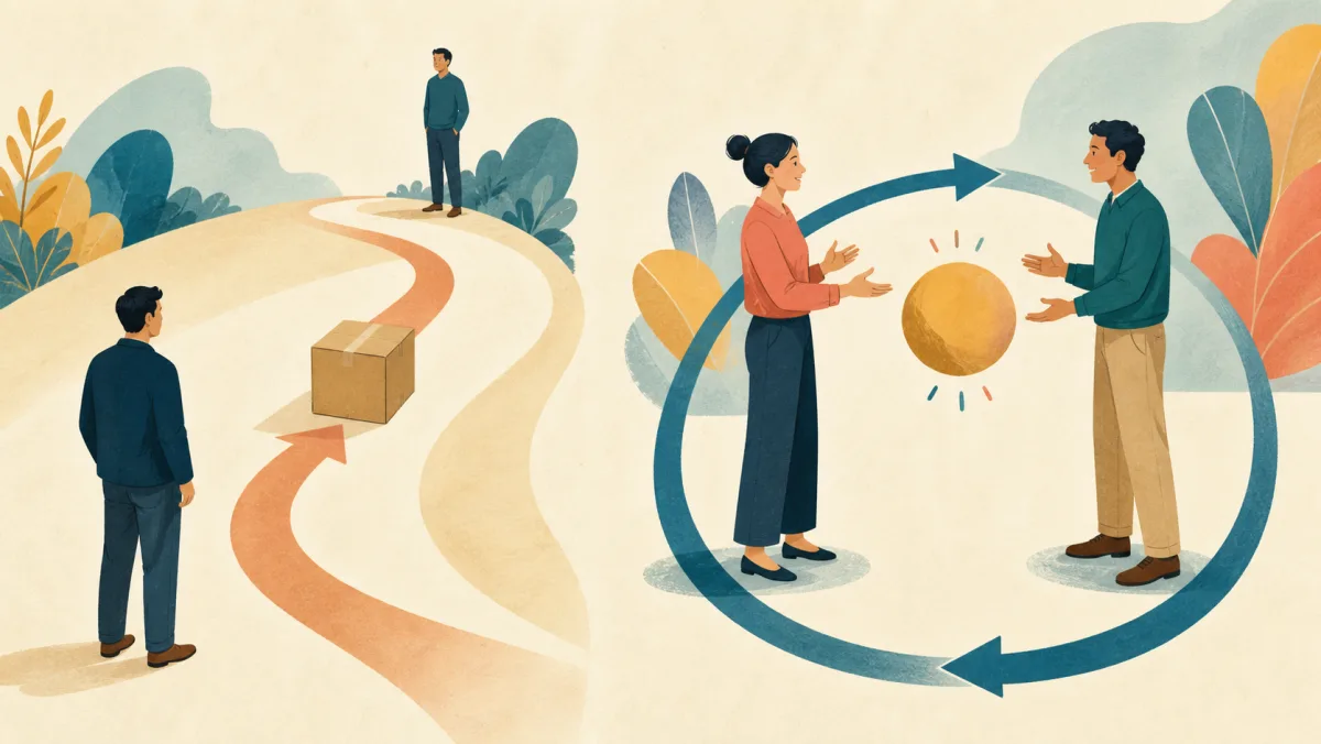 A package follows a return path while two colleagues reconnect around a shared object