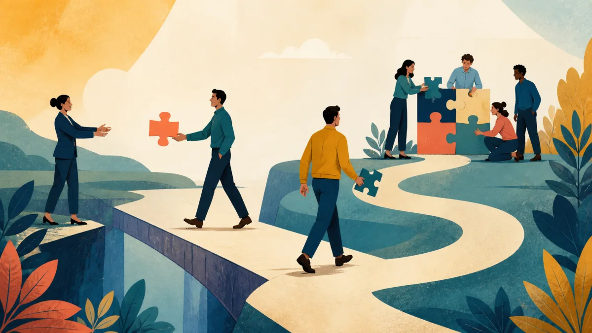 One professional returns a puzzle piece directly while another follows a winding path to a group