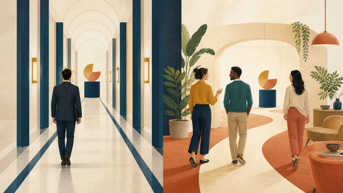 A formal corridor and a relaxed meeting path both lead back to the same abstract object
