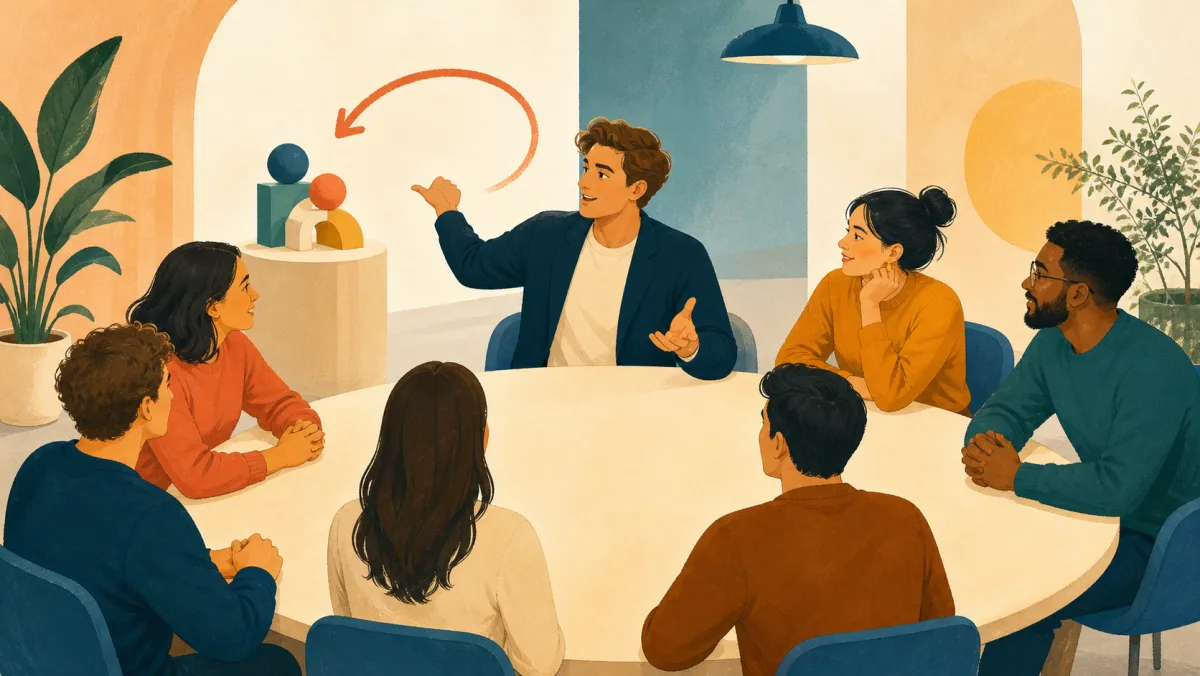 A speaker gestures along a short curved path to a model discussed earlier in the same meeting