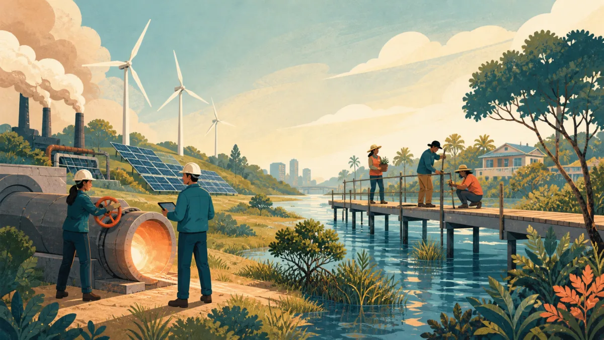 Workers close a glowing emission conduit while another team raises a walkway above water