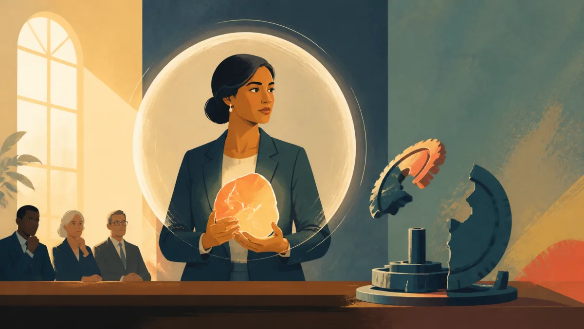 A formal professional holds an illuminated risk object beside a separate unfinished mechanism