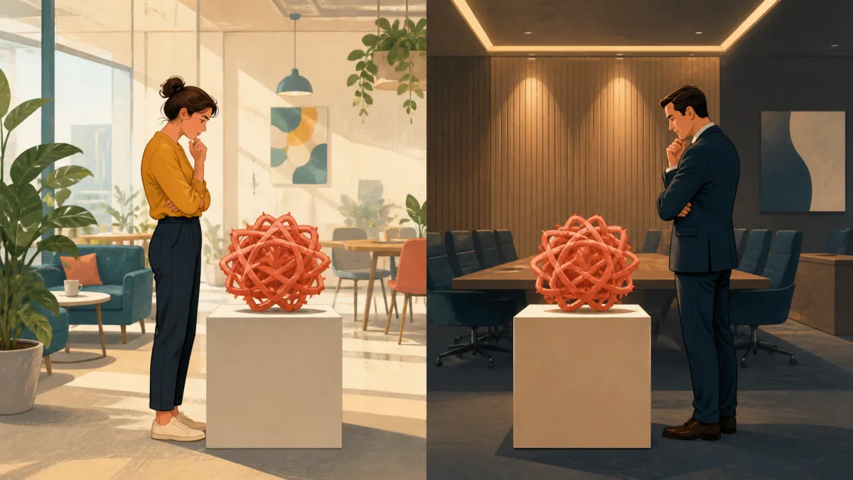 Two professionals regard the same tangled object in casual and formal workplace settings