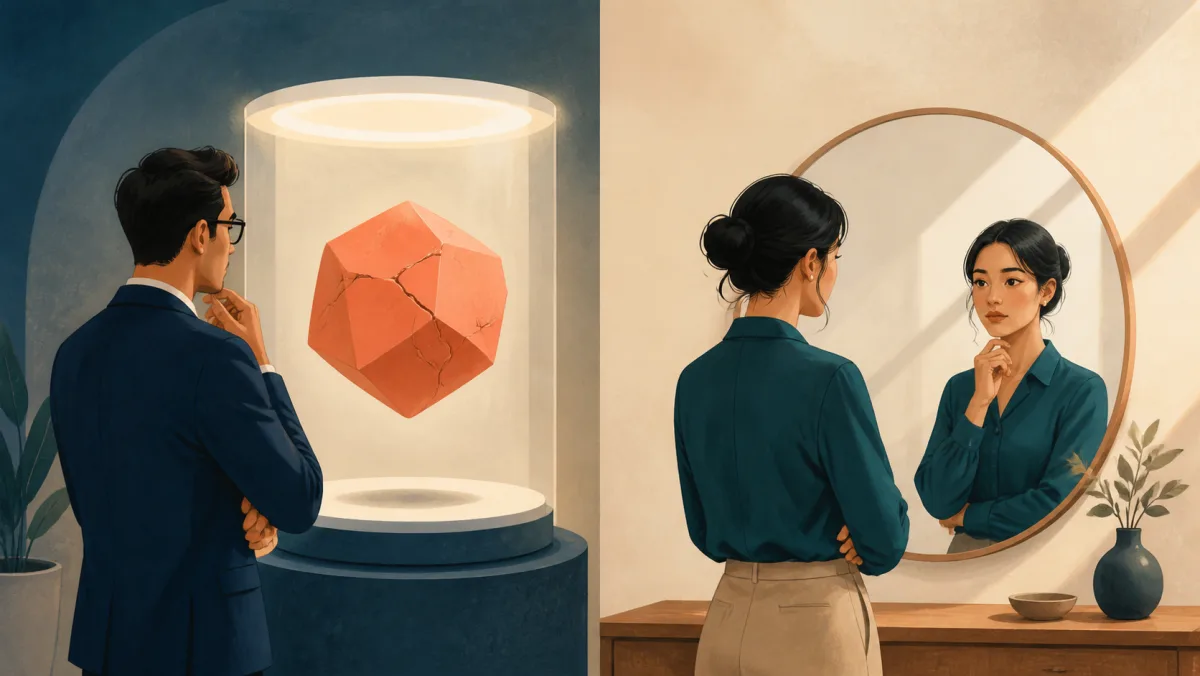 One professional studies a cracked external object while another examines her own reflection