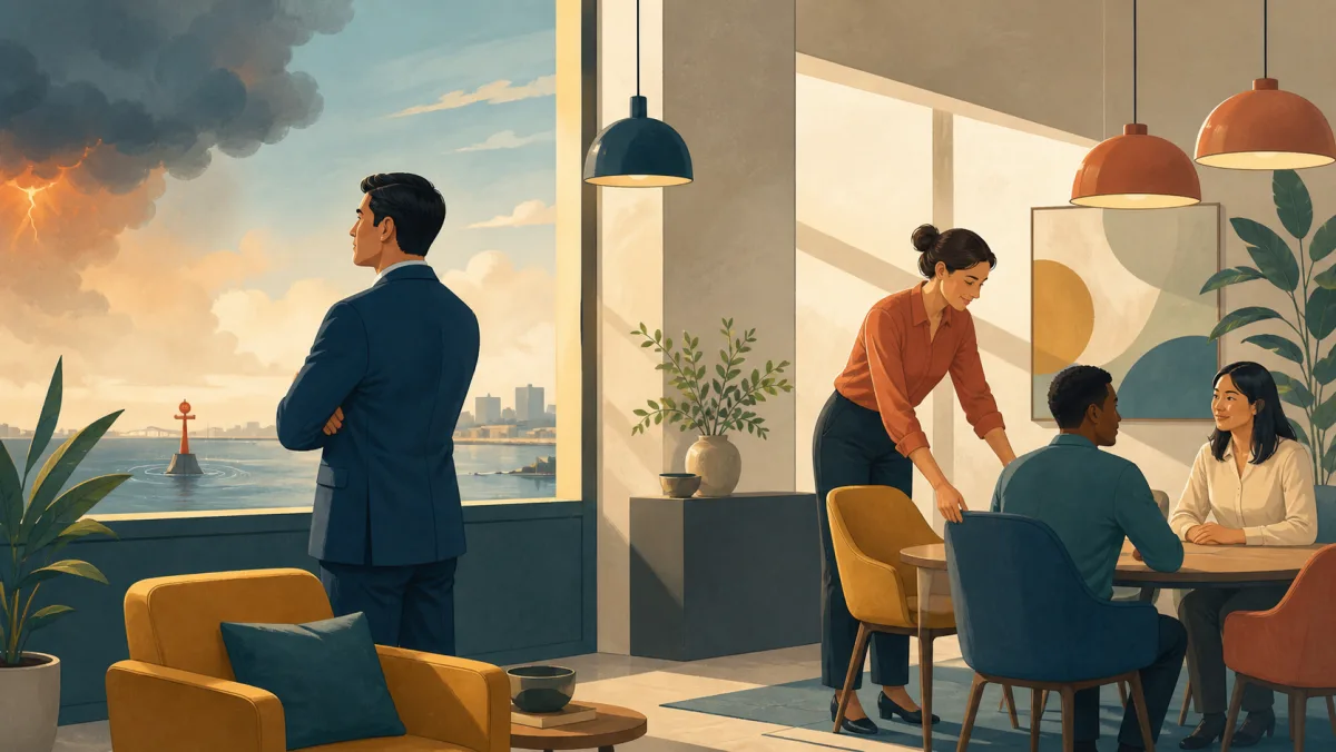 One professional observes an external storm while another adjusts a shared workspace for colleagues
