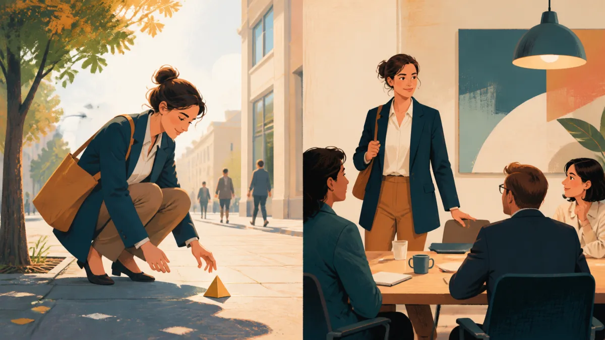 A professional unexpectedly finds a geometric object and later enters a meeting with a calm presence