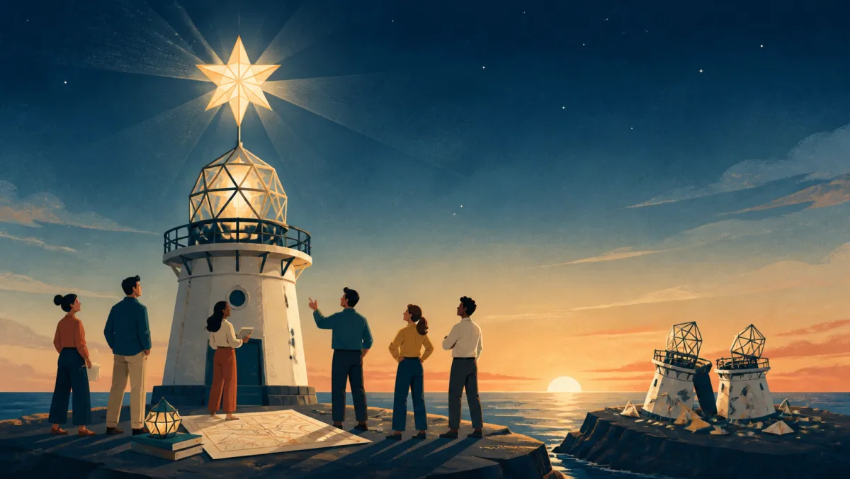 A team gathers around one complete beacon topped by a singular geometric star