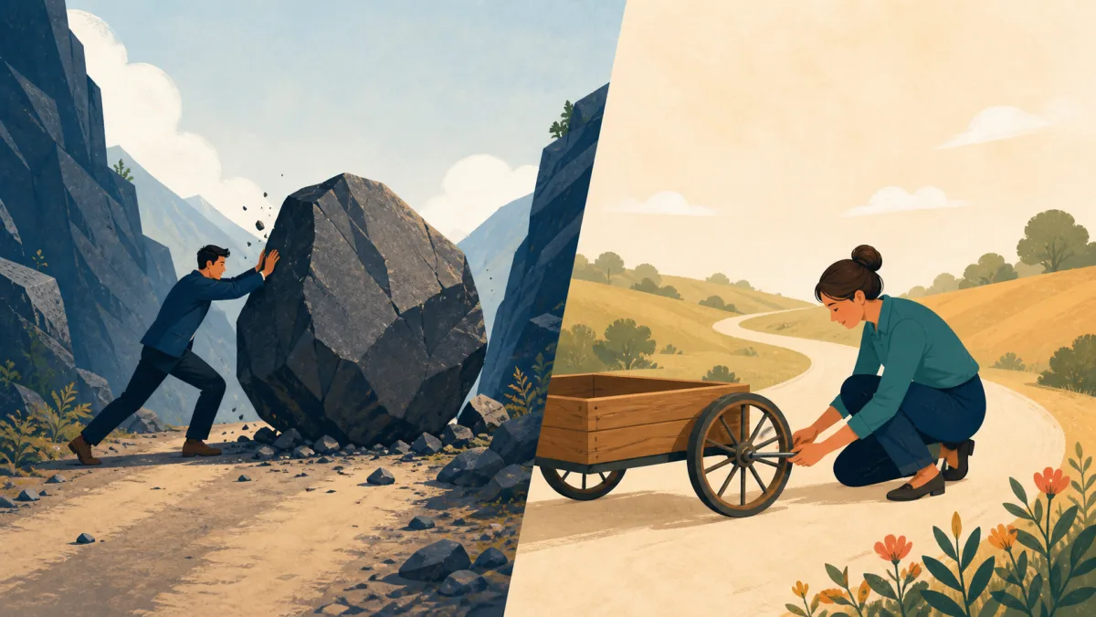 One professional faces a path-blocking boulder while another adjusts a slightly misaligned wheel