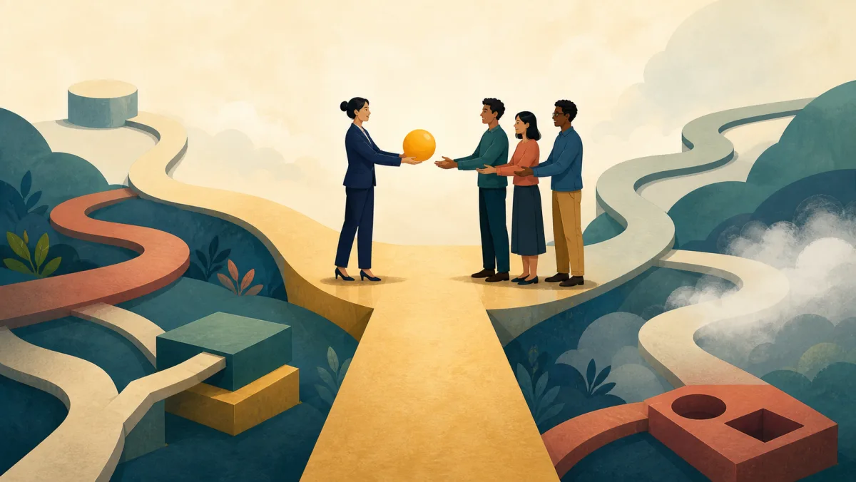 A professional hands one clear idea directly to colleagues amid several disconnected physical paths