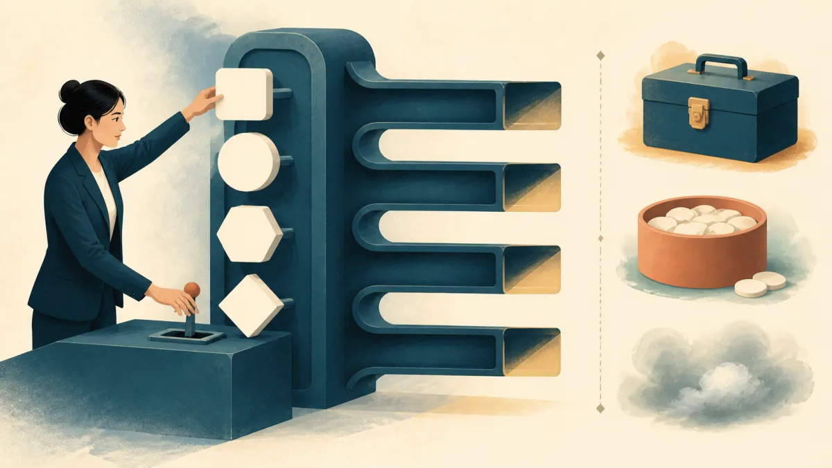 Four blank task shapes enter four work channels beside a toolbox, resource bowl, and mist