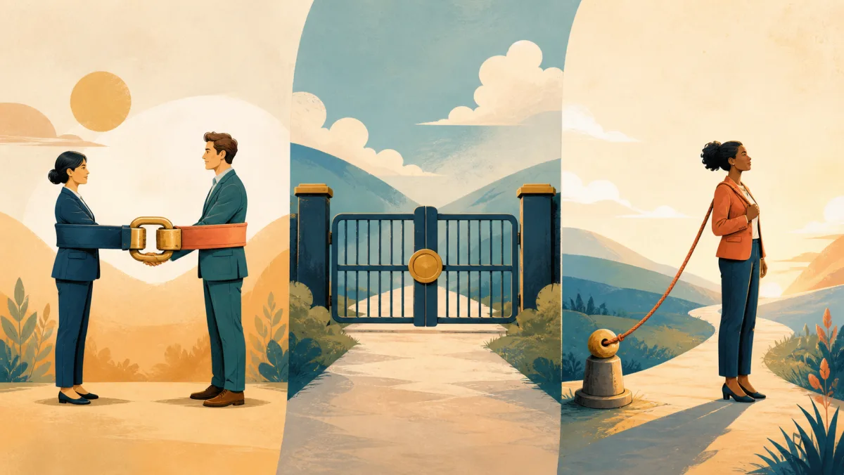 Two parties share a clasp beside a closed gate and a professional tethered to a commitment