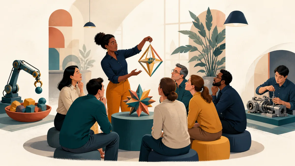 A speaker holds a group's attention with a geometric demonstration beside routine machines