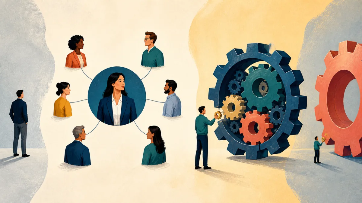 Community members connect to a representative center while a small gear fits into a larger mechanism