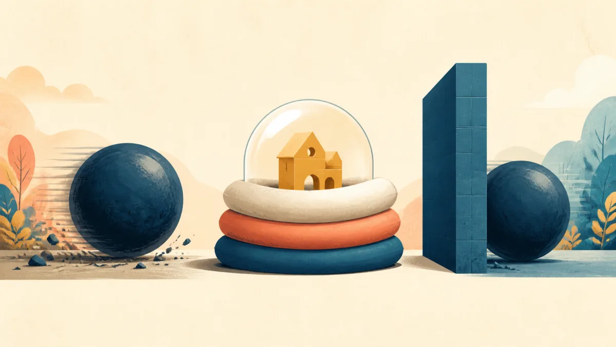 A fragile project sits inside a soft buffer between an approaching weight and a solid prevention wall