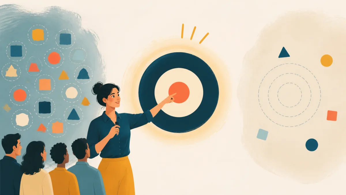 A presenter focuses one coral point at the center of a target beside scattered competing shapes