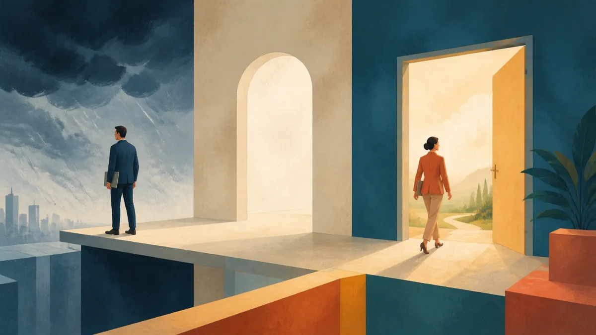 One professional faces an unprotected storm while another enters an illuminated opportunity
