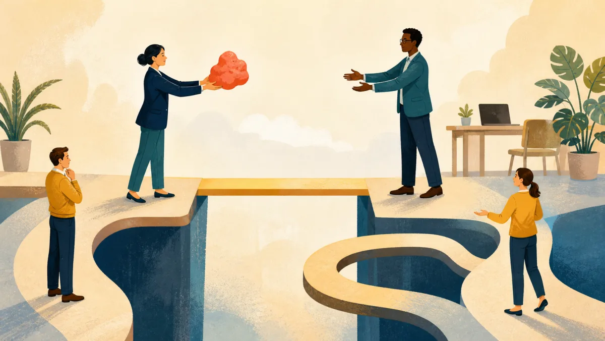 A professional passes a distinct concern object to a colleague across a clear route