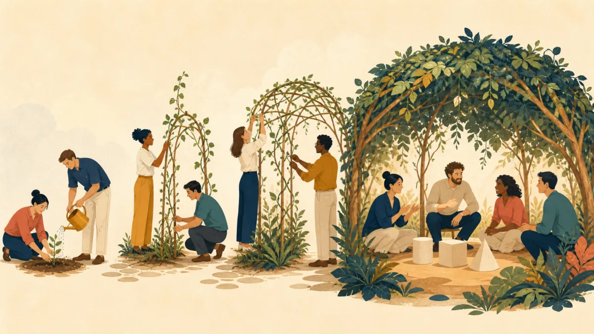 Professionals cultivate a connected canopy through several stages until it shelters their collaboration