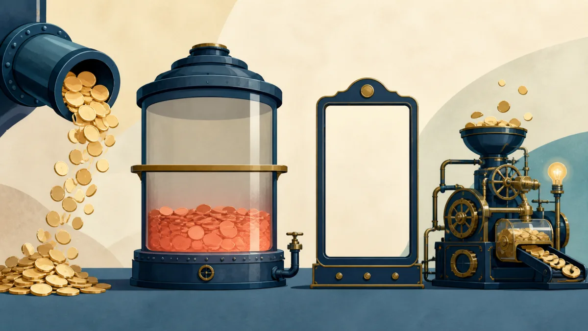 A coin reservoir sits low and coral beside a blank frame and a machine with greater outflow
