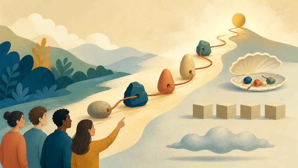 A group follows a thread connecting distinct evidence objects into one ascending path