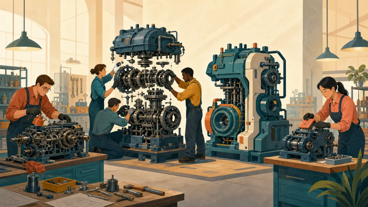 A team rebuilds an entire machine beside technicians making small maintenance changes