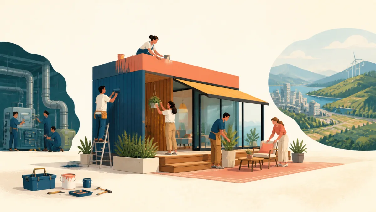 A team substantially refreshes a pavilion exterior beside distant internal and landscape changes