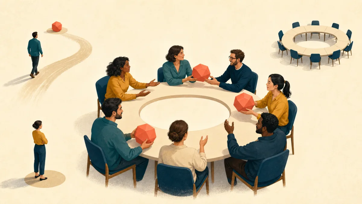 Colleagues examine and pass a coral proposal object around a circular table