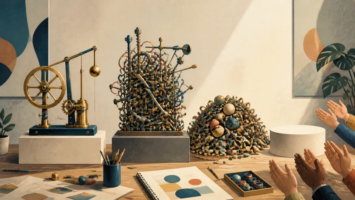 An elegant coordinated mechanism contrasts with tangled machinery, a pile, and an empty pedestal