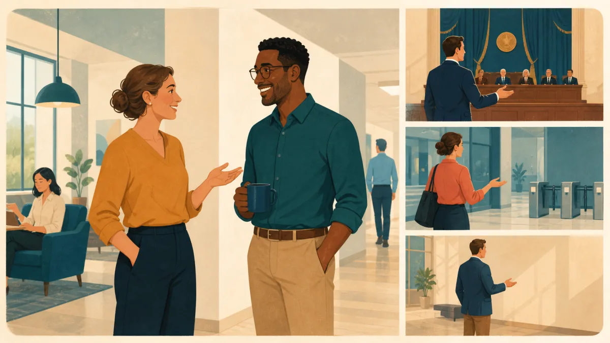 Two colleagues begin an informal conversation beside contrasting formal and empty settings
